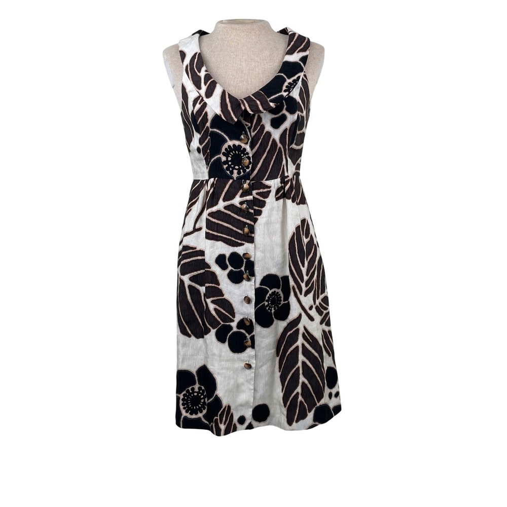 Tibi New York Silk Linen Floral Leaf Print Button Front Dress Brown Cream 0